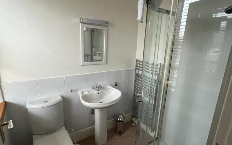 Harford House Master Bedroom En-suite Shower room does not have grab rails or features that are over/above what is standard for an unadapted domestic dwelling.  There are touch points within reach of most people.  Doorway is standard width and there is a 2in (5cm) threshold into the shower cubicle.