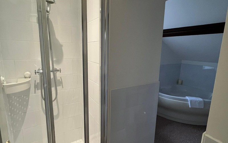 Harford House Family Bathroom Entrance door is standard width.  Step into shower cubicle is 7in (18cm).  Access to bathroom is 24in (60cm) wide.  There are no adaptations to the facilities or grab handles, but there are touch points within reach of most people and room to provide support to a person with a disability.